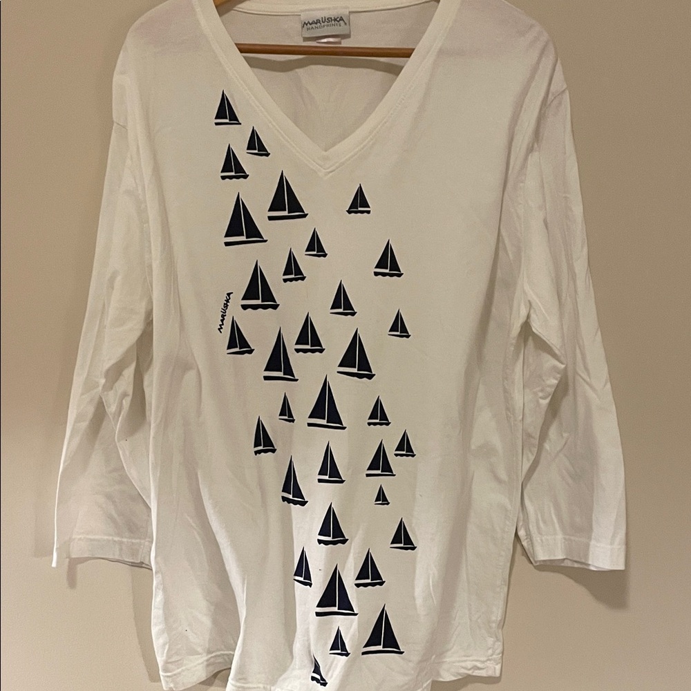 Marushka White V-Neck Long Sleeve Tee with Navy Sailboat Print